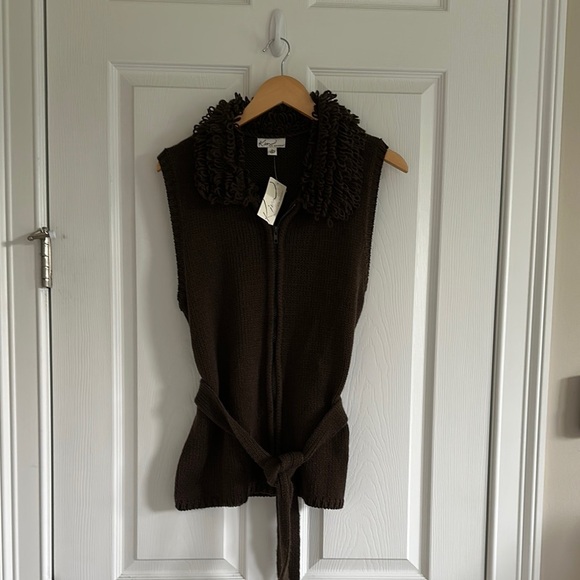 Kim Rogers Fringe Collar Vest Dark Brown Knit NWT - Picture 2 of 7